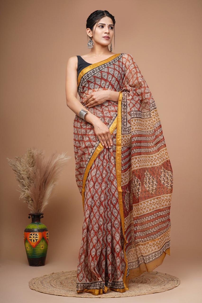 Hand block printed cotton linen saree