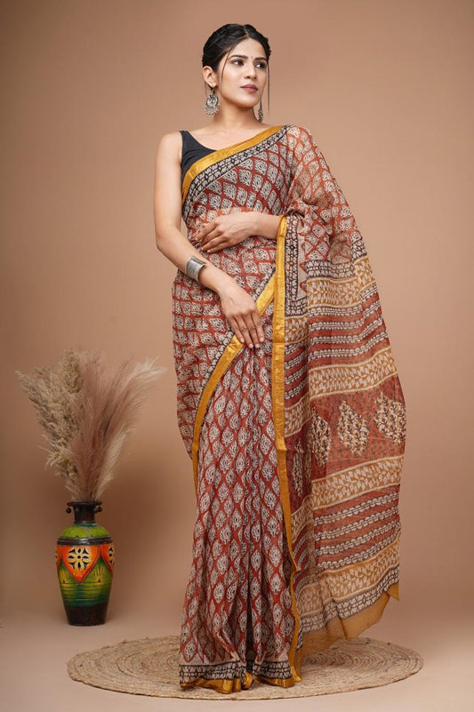 Hand block printed cotton linen saree