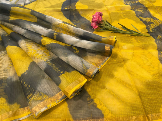 Hand block printed cotton linen saree