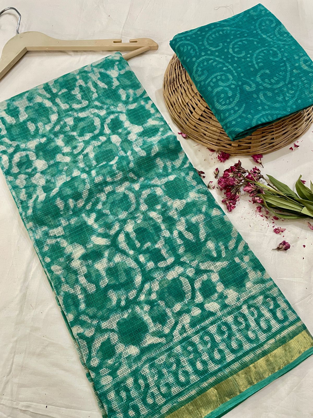 Hand block printed cotton linen saree