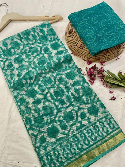 Hand block printed cotton linen saree