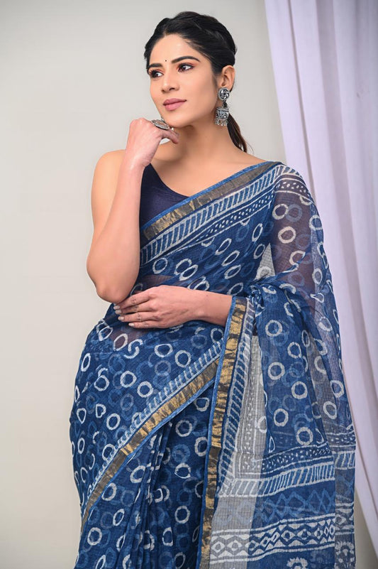 Hand block printed cotton linen saree