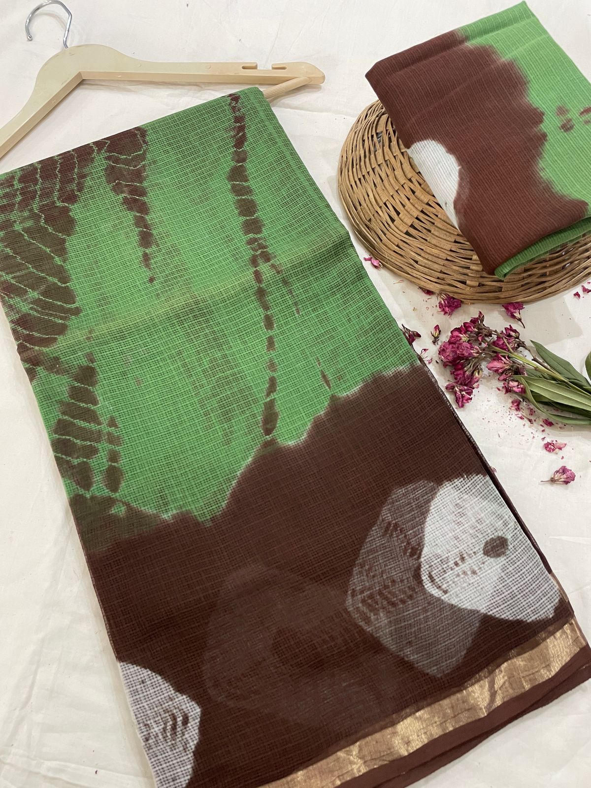 Hand block printed cotton linen saree