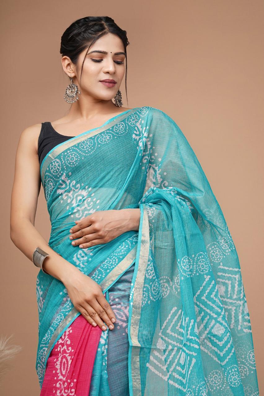 Hand block printed cotton linen saree