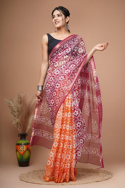 Hand block printed cotton linen saree