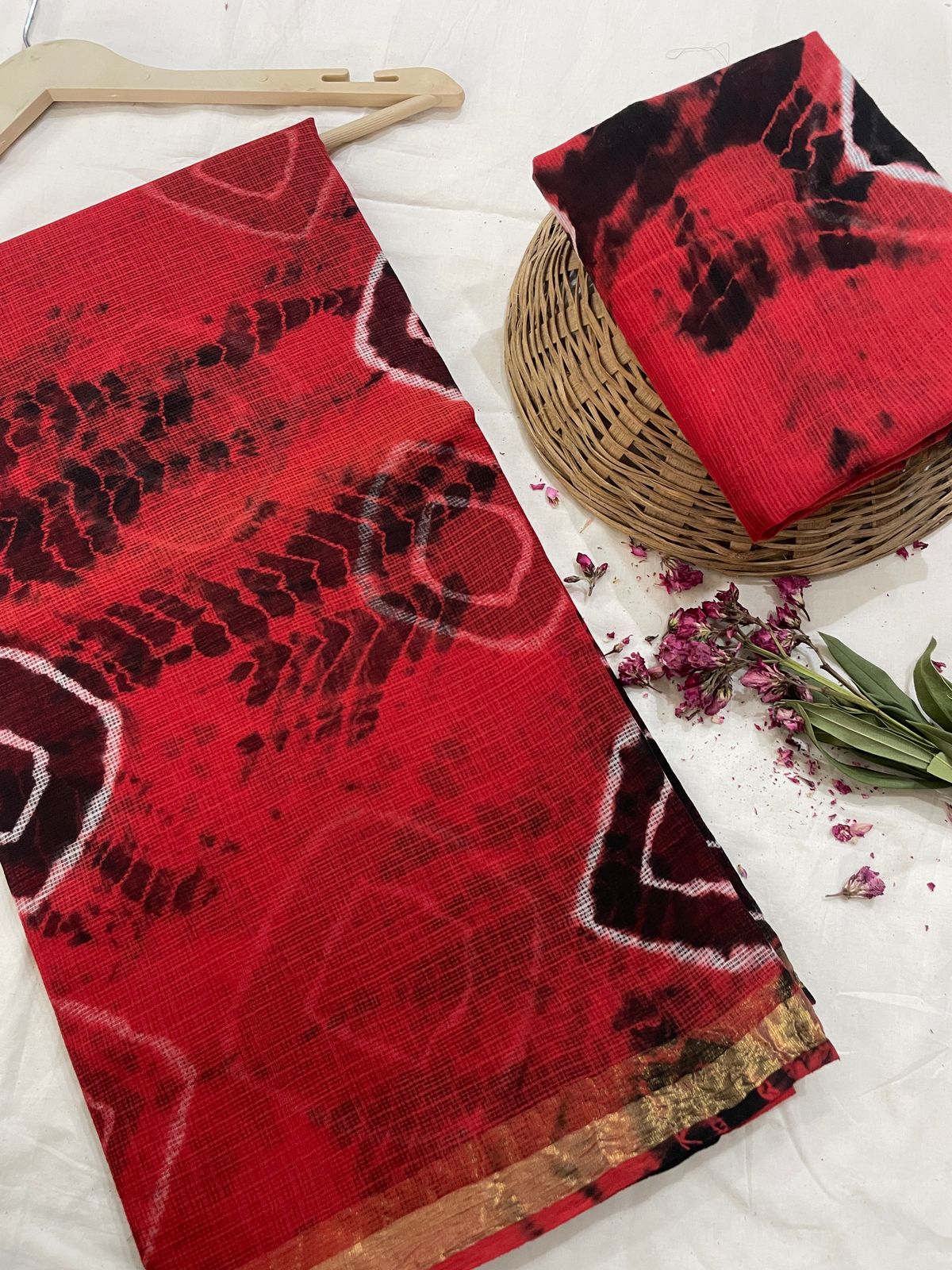 Hand block printed cotton linen saree