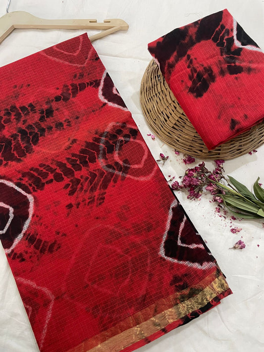 Hand block printed cotton linen saree