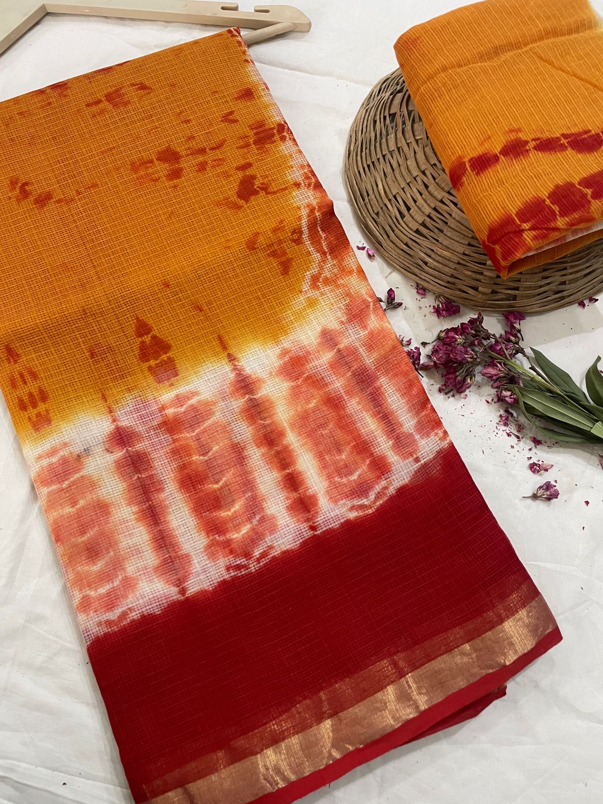 Hand block printed cotton linen saree