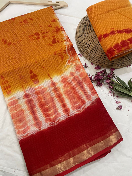 Hand block printed cotton linen saree