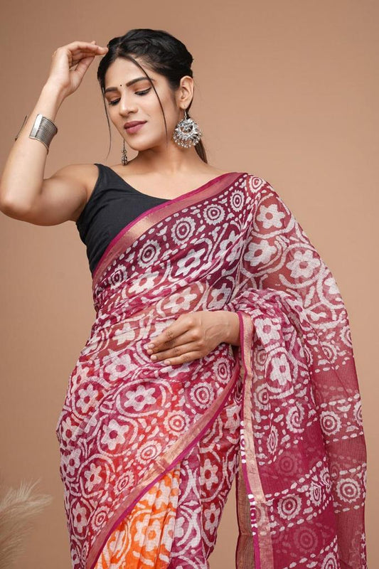 Hand block printed cotton linen saree