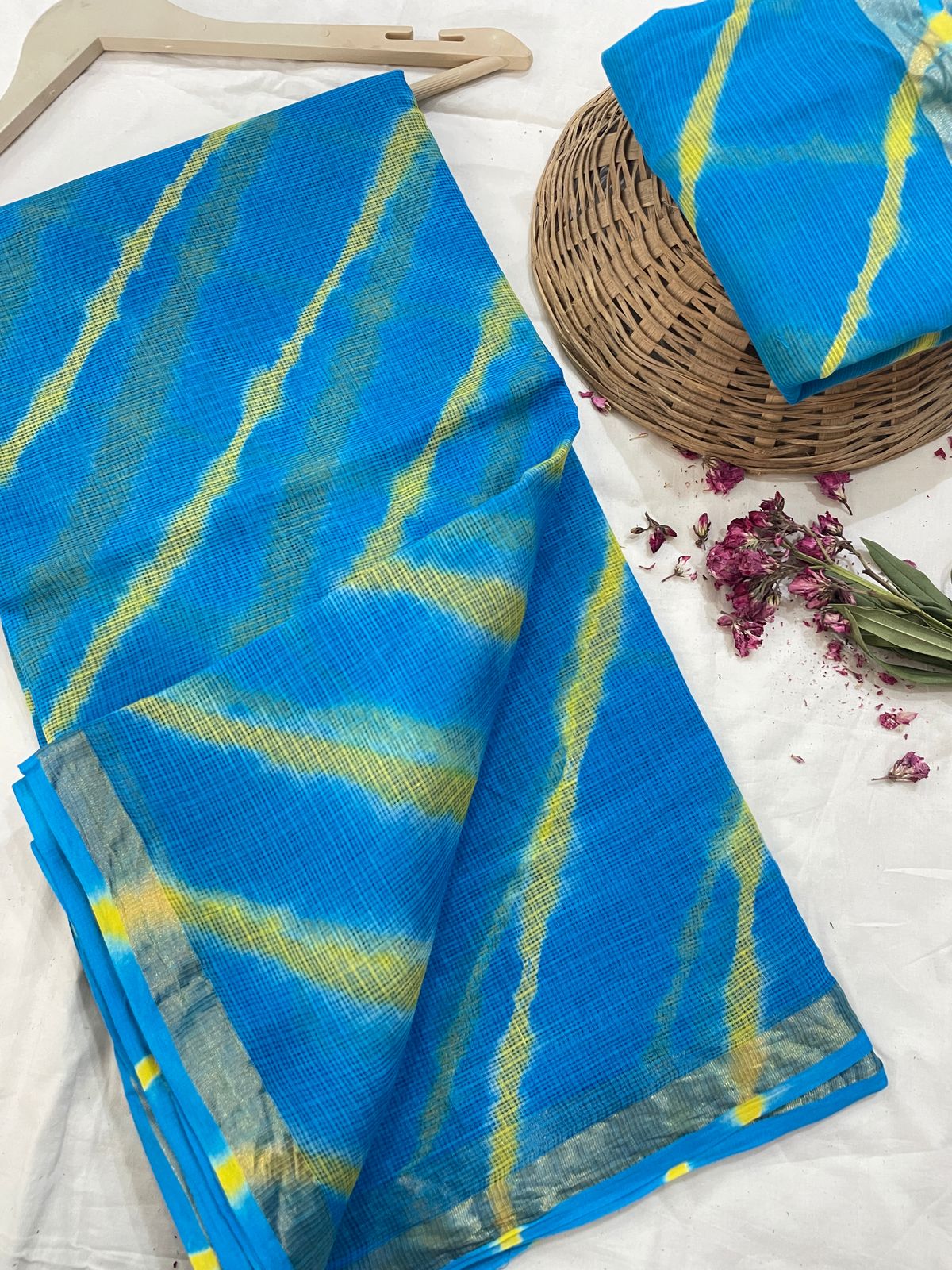 Hand block printed cotton linen saree
