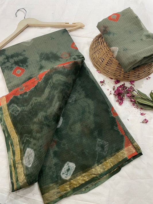 Hand block printed cotton linen saree
