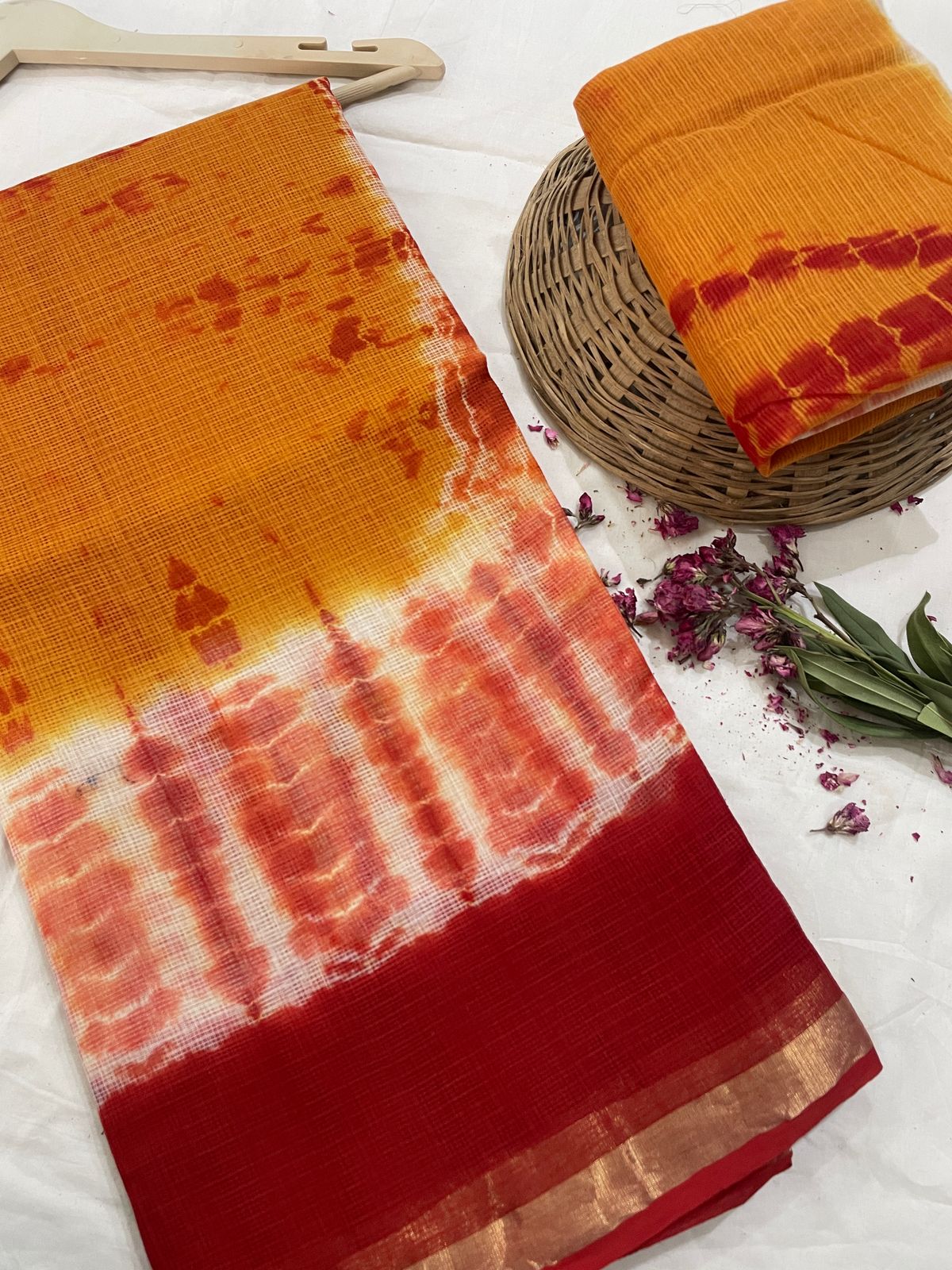 Hand block printed cotton linen saree