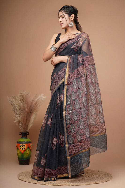 Hand block printed cotton linen saree