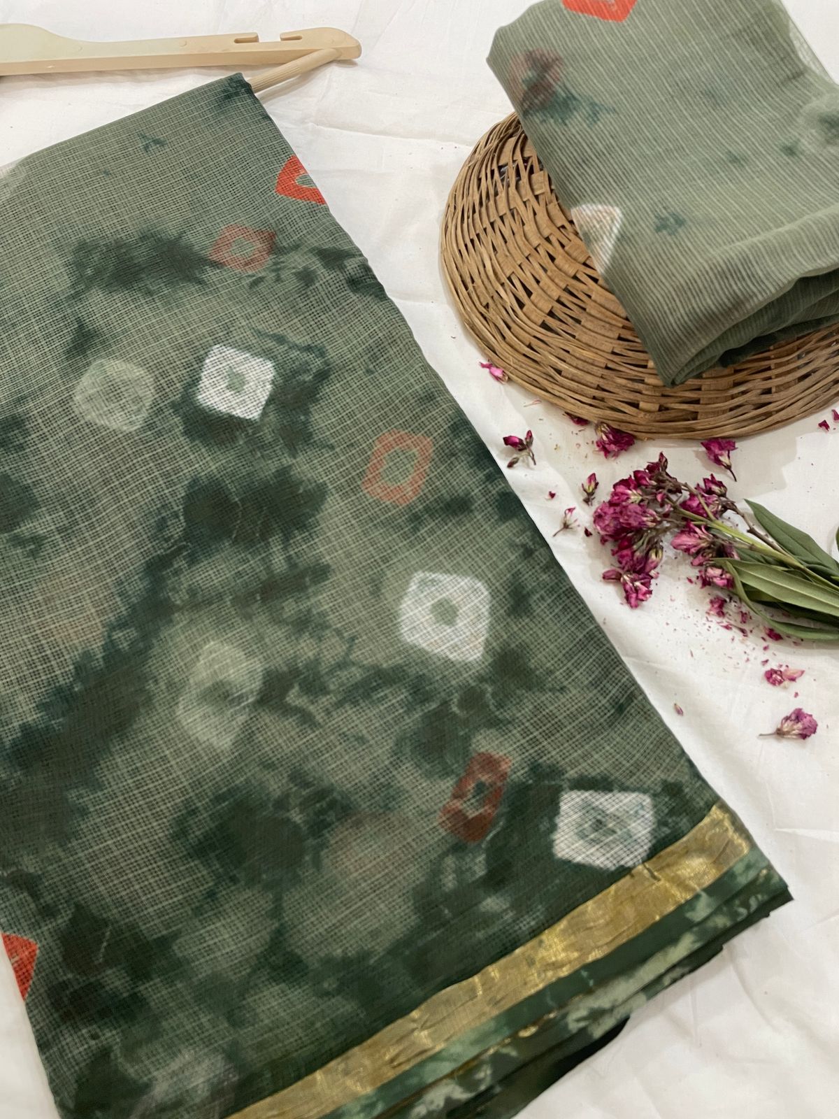 Hand block printed cotton linen saree