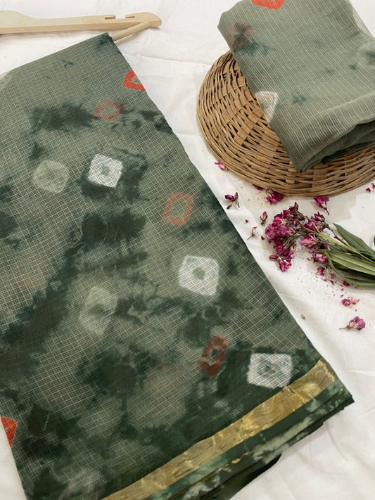 Hand block printed cotton linen saree
