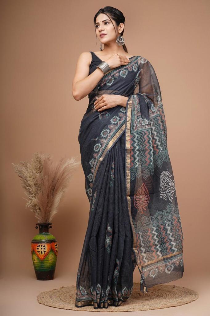 Hand block printed cotton linen saree
