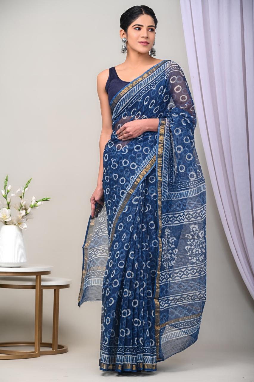 Hand block printed cotton linen saree
