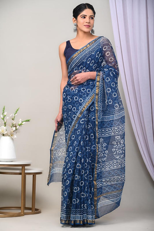 Hand block printed cotton linen saree