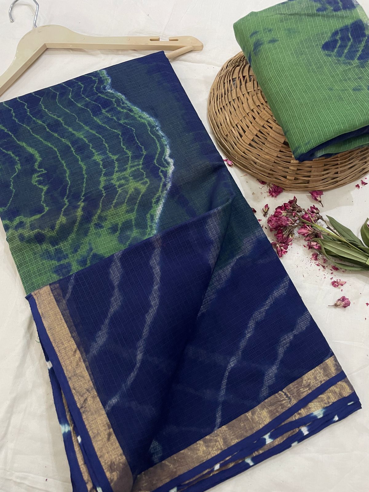 Hand block printed cotton linen saree