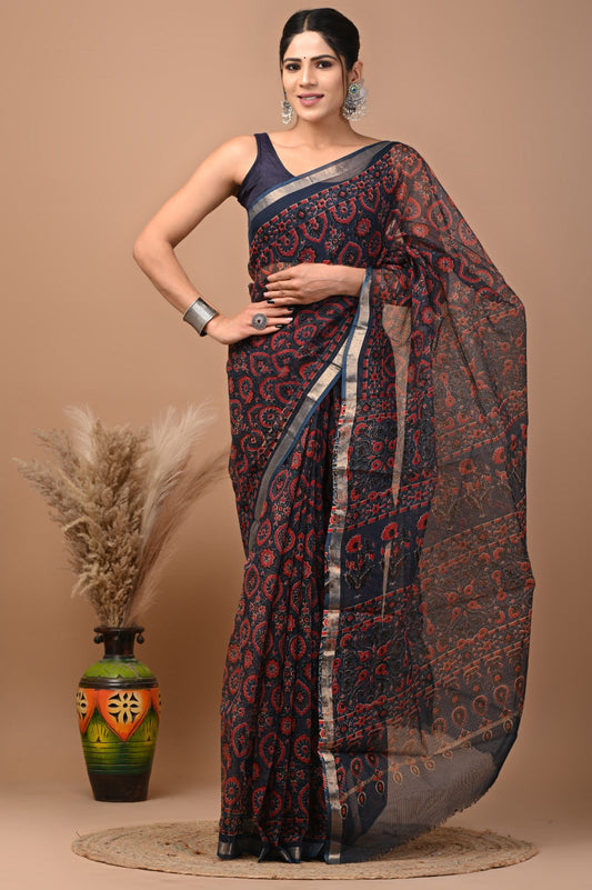 Hand block printed cotton linen saree