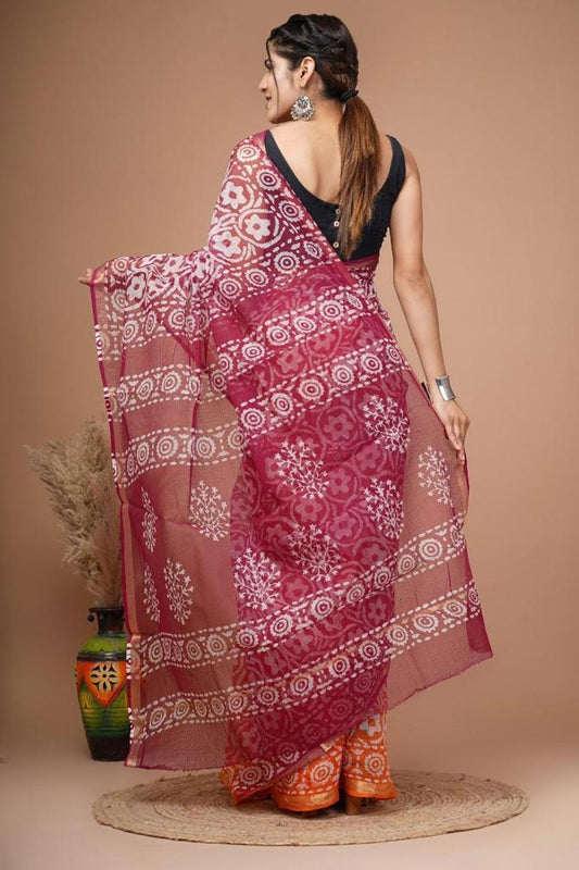 Hand block printed cotton linen saree