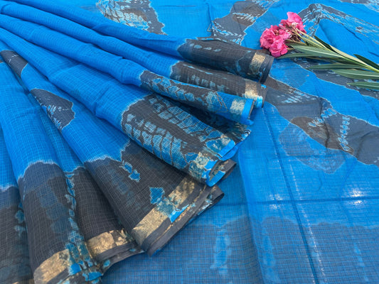 Hand block printed cotton linen saree