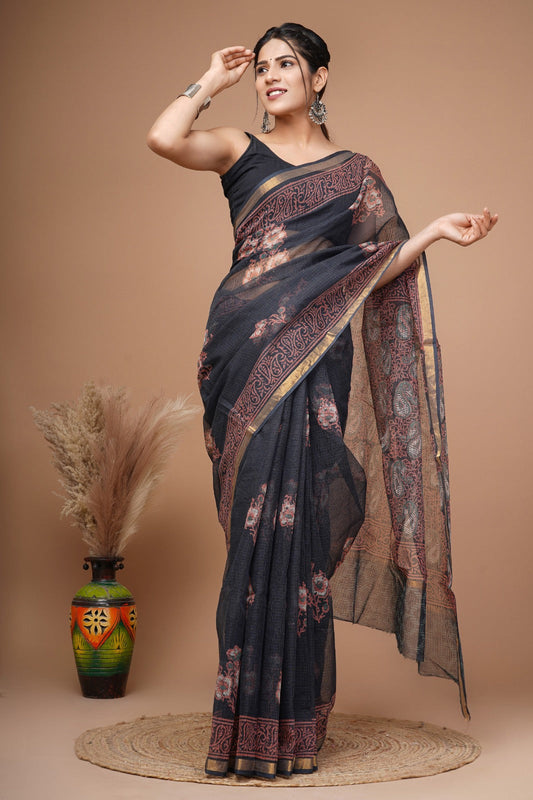 Hand block printed cotton linen saree