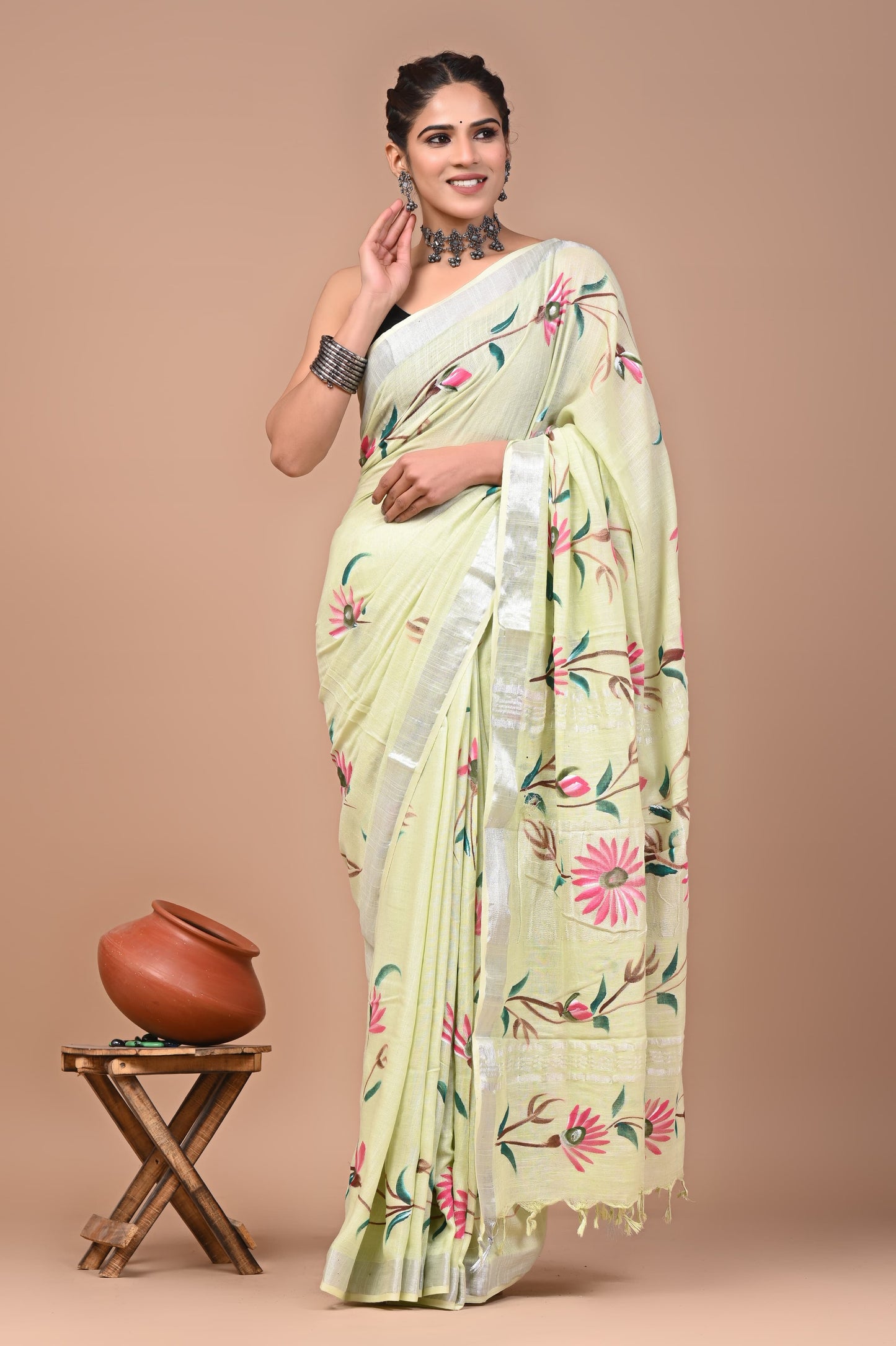 Hand block printed cotton linen saree