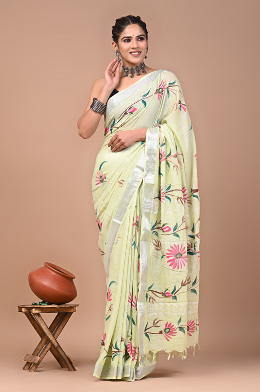 Hand block printed cotton linen saree