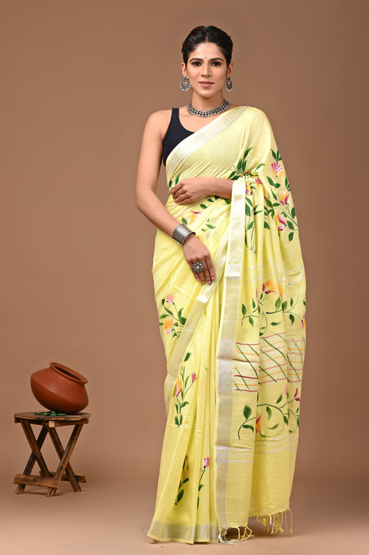 Hand block printed cotton linen saree
