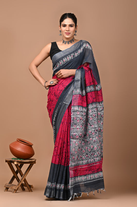 Hand block printed cotton linen saree