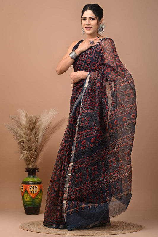 Hand block printed cotton linen saree