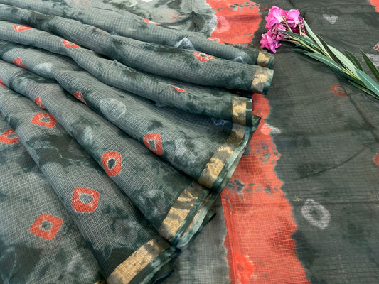 Hand block printed cotton linen saree