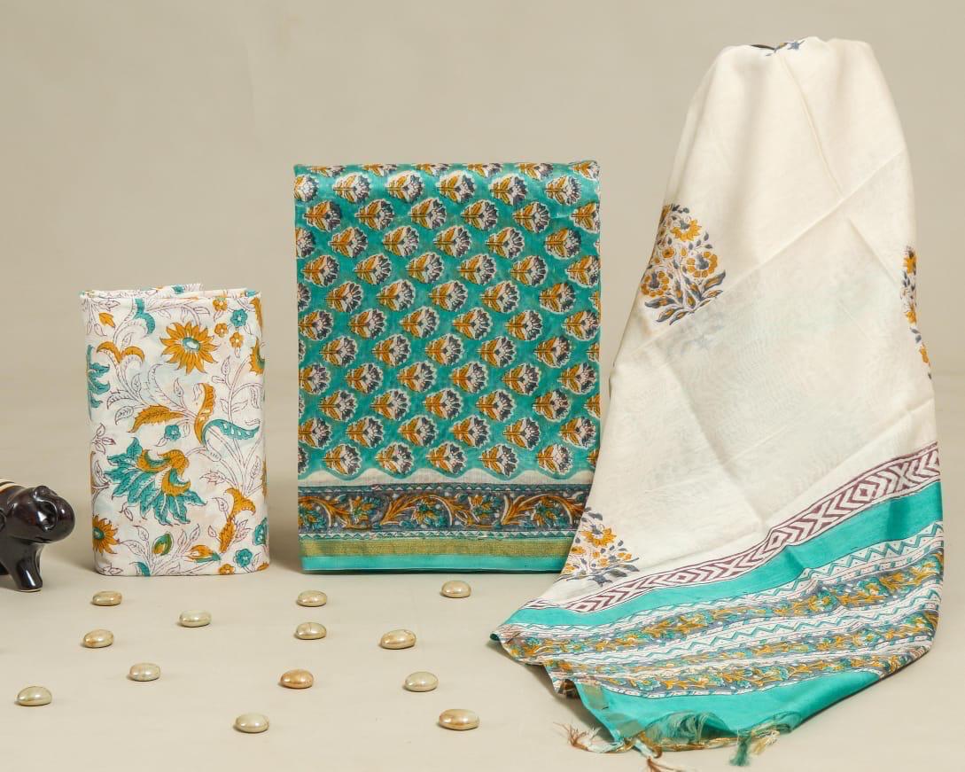 HAND BLOCK PRINTED CHANDERI SILK SUIT SET WITH CHANDERI DUPATTA
