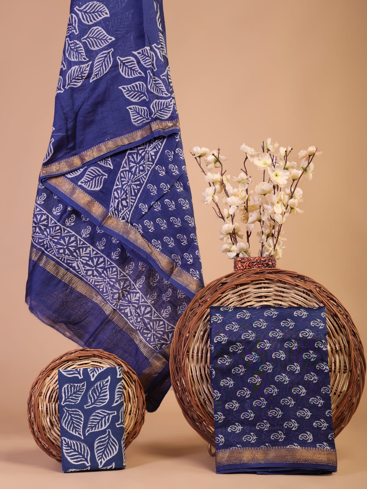 HAND BLOCK PRINTED MAHESHWARI SILK SUIT SET